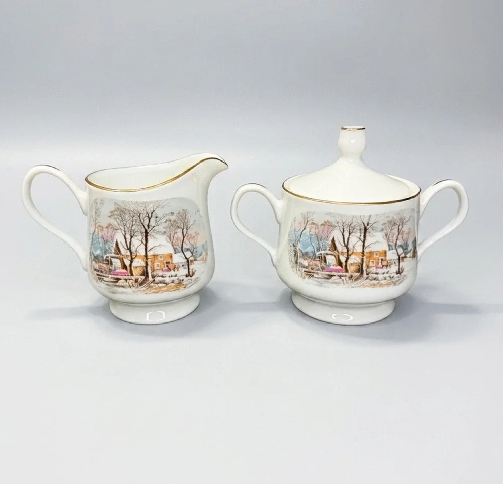 Vintage 1981 Avon Fine Porcelain Sugar Bowl Creamer Set Japan Winter Village
